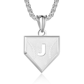 Initial A-Z Necklace for Boys Stainless Steel Letter Shield Pendant Box Chain 22+2 inch Inspirational Baseball Home Plate Necklace Baseball Jewelry Gift for Men(S-J)