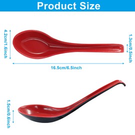 Cjueiom 6Pcs Rice Spoons, Chinese Soup Spoons with Hook for Ramen, Wonton & Noodle Dishes, Asian Plain Style, Black and Red