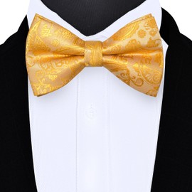 Gusleson Gold Bow Tie Pocket Square Set for Wedding Pre-Tied Paisley Bowties Handkerchief Cufflinks for Men (UK0497-05)