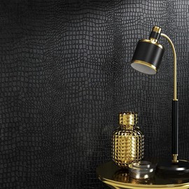 Crocodile Wallpaper Gold Alligator Textured Wallpaper 17.7'' x 19.7ft Non Woven 3D Embossed Wallpaper Non-Pasted Wallpaper - Color: black, size: 17.7" x 236"