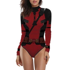 Women's One Piece Printed Sun Protection Swimsuit Long Sleeve Zip Up Superhero Bathing Suit for Beach Swimming Red