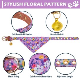 EXPAWLORER Puppy Collar and Leash Set - Embroidery Floral Dog Collar and Dog Leash Set, Cute Flower Bow Tie and Bandana Dog Collar with Bell, Collar and Leash for Dogs Cats Outdoor Walking, Purple S