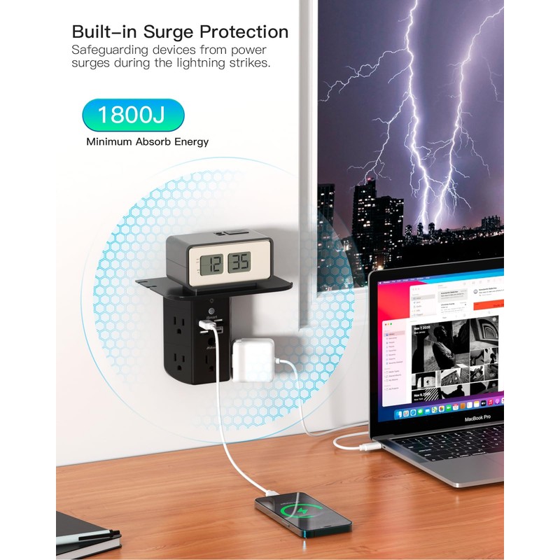Wall Outlet Extender with Shelf and Night Light,Surge Protector,USB Wall