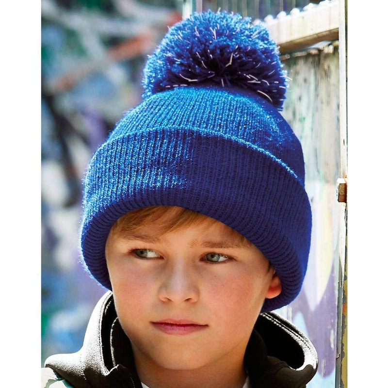 Beechfield Children's Winter Hat Junior Reflective Bobble Beanie - Blue