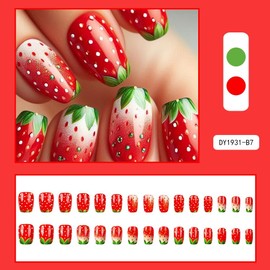 Strawberry Press on Nails Spring Stick on Nails Short Square Fake Nails French Leaf Glue on Nails Glossy Gradient Acrylic False Nails Reusable Full Cover Artificial Nails Kit for Women Girls 24Pcs