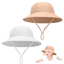 2PCS Baby Sun Hat UPF 50 Plus Adjustable 3-12 Months Lightweight Bucket Hat Foldable Cap for Outdoor Use,Kids Summer Protection (UK, Alpha, One Size, Baby, White + Khaki)