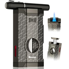 All-in-one Torch Lighter with Built-in V Cut Cutter, Holder, and Dual Windproof Jet Flames, Gift Box for Birthday Festival, Refillable Cool Butane Lighters for Candles, Outdoors (Without Butane Fuel)