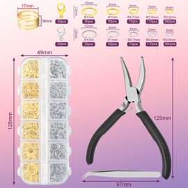 1200Pcs Jewelry Jump Rings and 12mm Lobster Clasps, Pliers, Tweezers & Box - Small Lobster Clasps Kit for DIY Necklace, Bracelet, Mini Keychain Ring, Jewelry Repair Supplies (Gold & Silver)