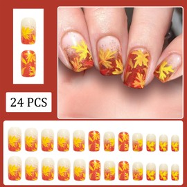 Fall Glitter Press on Nails Medium Square Fake Nails Orange Gradient French False Nails with Yellow Maple Leaves Design Glossy Autumn Acrylic Glue on Nails for Women DIY Manicure Decoration 24 Pcs