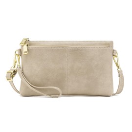 ZOUIQSS Triple Zip Small Crossbody Bag Lightweight Purses Vegan Leather Wristlet Clutch, Includes Adjustable Shoulder(Classics Beige)