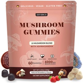 Lions Mane Mushroom Gummies with Ashwagandha, 4000mg 10-Mushroom Complex & 250mg Ashwagandha, Cognitive Support, Mood, Brain Health & Memory, Energy, Reishi, Cordyceps, Turkey Tail, Chaga, 60 Count