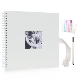 RECUTMS Scrap Books 12x12 Inch Large Scrapbook Photo Album Journal Binder Ring Blank Sheet Silk Ribbon with Pack of 1 Marker Pen DIY Albums Commemorative for Wedding Travel (White)