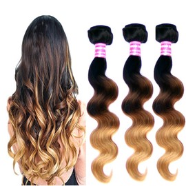 3 Bundle Human Hair Bundles Deep Wave Body Wave Hair Weave Extension, Tip-Dyed Three-Tone Color, Length: 18, 20, 22