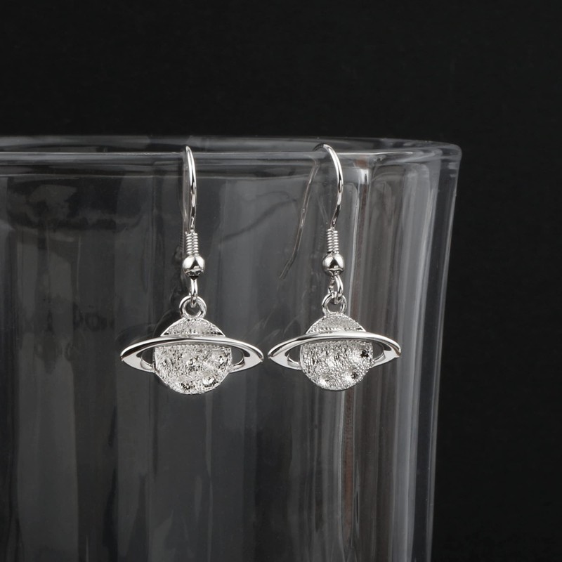 White Gold Plated 925 Sterling Silver Hammered Planet Saturn Earrings