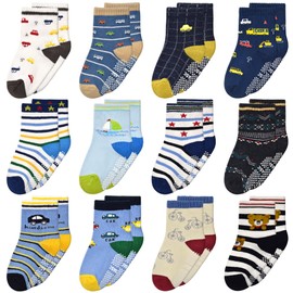SUOSDEY Non-Slip Socks for Children, 12 Pairs of ABS Non-Slip Cotton Stopper Socks, Children's Non-Slip Socks for 1-7 Years Boys, 01 Car, Ages 5-7