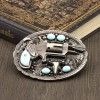 Style Pistol Revolver Gun Belt Buckle Feathers Turquoise Indian American