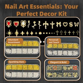 KINGNAME Gold Nail Charms and Gems Set, 4 Boxes Nail Gems Nail Pearls Nail Art Tools, 3D Cross Nail Charms Heart Nail Rhinestones for Nails Supplies, Charms for Nails Design Nail Art Kit