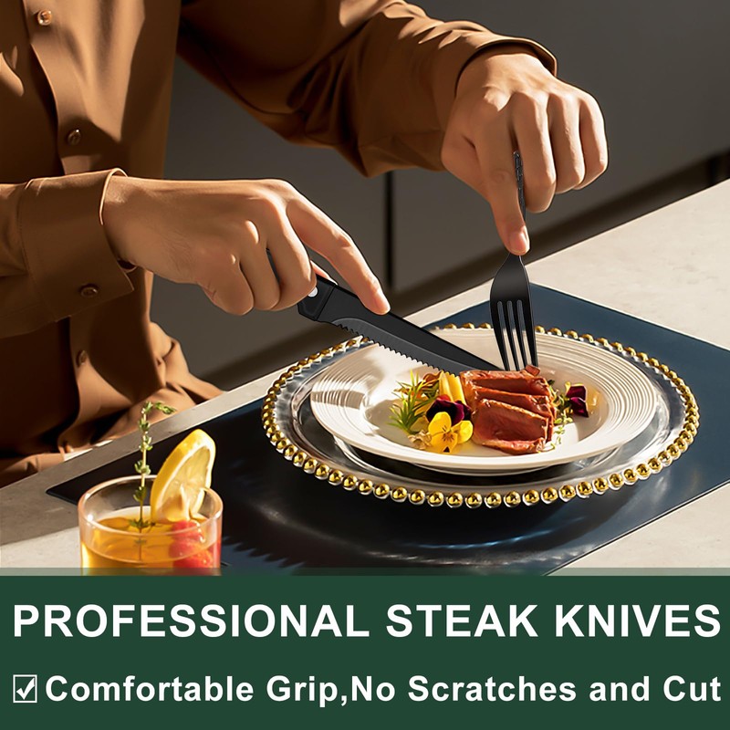 Black Hammered Silverware Set With Steak Knives, 24-Piece Stainless Steel