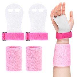 Gymnastics Hand Grips for Girls, 4 Pcs Gymnastics Hand Bar Grips Gloves Wristbands, Pink Gymnastic Hand Grips Palm Protection Accessories, Sweat Band and Wrist Support Set for Exercise Workout