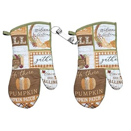 2pk Nature Theme Decorative Print Oven Mitt Glove for Cooking Baking Decorating 7 X 13 (Pumpkin Gather Hi There Pumpkin)