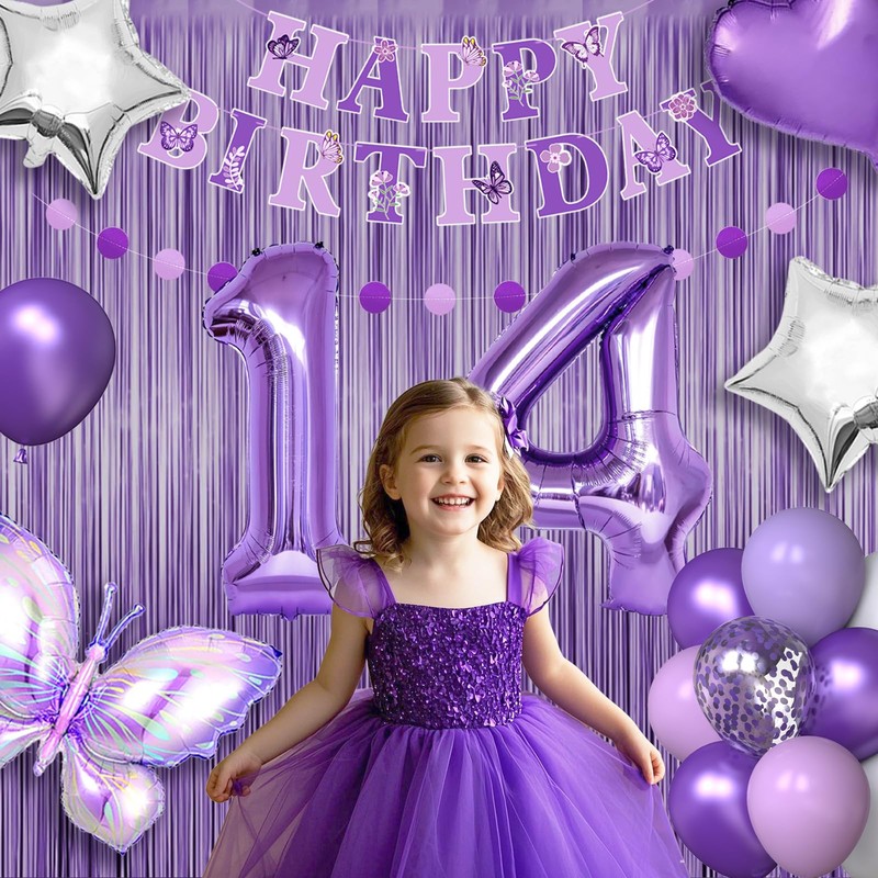 14th Purple Birthday Decorations for Girls, Purple Pink 14th Birthday