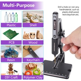 AM ARROWMAX 5-Speed Mini Electric Drill Pen with Benchtop Press, 10 Small Bits with Aluminium Box, LED Lights, OLED Display, Resin Drill Set For Jewelry Making, Plastic, Wood
