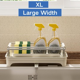 Veklray Large Kitchen Caddy Sink Organizer,Countertop Sponge Holders for Storage with Drain,Rustproof Stainless Steel Sink Rack,Soap Dispenser Storage(8.2" L X 4.3" W X 2.95" H,Cream White)