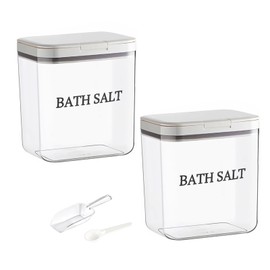 Yomjarl 2 Pack Salt Container,2 L Bath Salt Container With Scoop Set,Plastic Salt Cellar Dispenser Jar,Candy Laundry Spoon With Lid Storage,Clear Cookie Holder,Airtight Cute Bathroom Pods Box Clear
