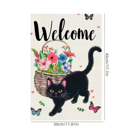 BlissYard Welcome Cat Garden Flag 12x18 Inch Cute Black Cat Colorful Floral Butterfly Basket Double-Sided Yard Decoration for Outdoor Garden Patio Yard Spring Summer Décor