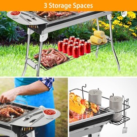 Portable Charcoal Grills,Outdoor Folding Barbecue Grill, Stainless Steel Foldable BBQ Grill Set w/Spice Plate&Storage&Holder,Large Kabob Smoker Grill for Cooking Camping Picnic Garden Party-US Spot