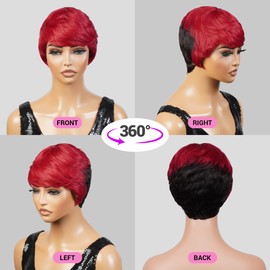 INSTANT FAB Short Human Hair Wigs Pixie Cut Wigs for Black Women Short Pixie Hairstyles Layered Wavy Non Lace Front Wigs - JET (DL1B/BURG)