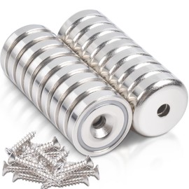 Pack of 18 Neodymium Magnets Extra Strong 10 kg Force 20 x 7 mm with Hole and Capsule, Countersunk Pot Magnet with Screws and Steel Cushions, Magnets Strong for Kitchens, Bathrooms, Magnetic Board,