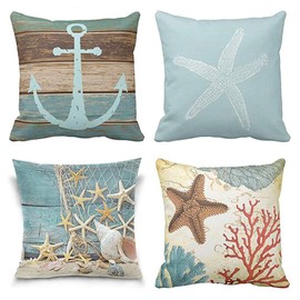 Jbralid Starfish Fish Turquoise Nautical Anchor Weathered Wood Coastal Old Green Cotton Linen Indoor Decor Throw Pillow Cover Case Set of 4, 24x24 in