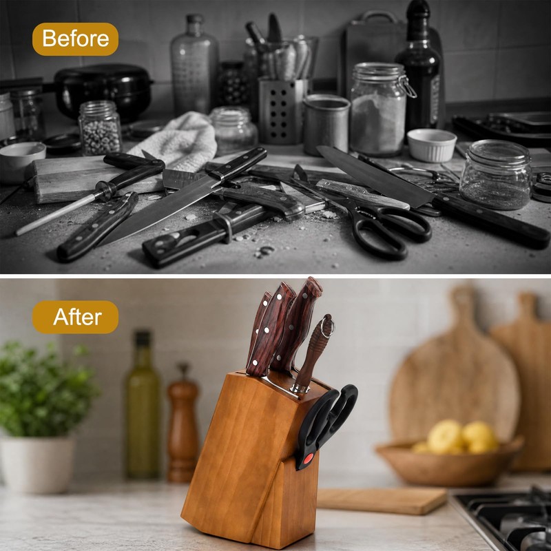 6 Slots Kitchen Knife Holder for Countertop, Brown Kitchen Knife