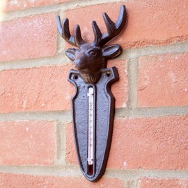 Cast Iron Stag Garden Thermometer 10x22.5x4.5cm Brown Rustic Animal Outdoor Wall Decoration