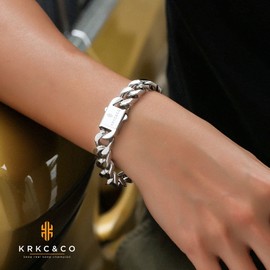 KRKC&CO 14mm Cuban Link Bracelet Men’s Flat Bracelet, 18K Gold Plated Stainless Steel, Anti-Tarnish Anti-Allergies, Miami Chains Hip Hop Jewelry Bracelets for Men Homme(Satin Silver, 7.5)