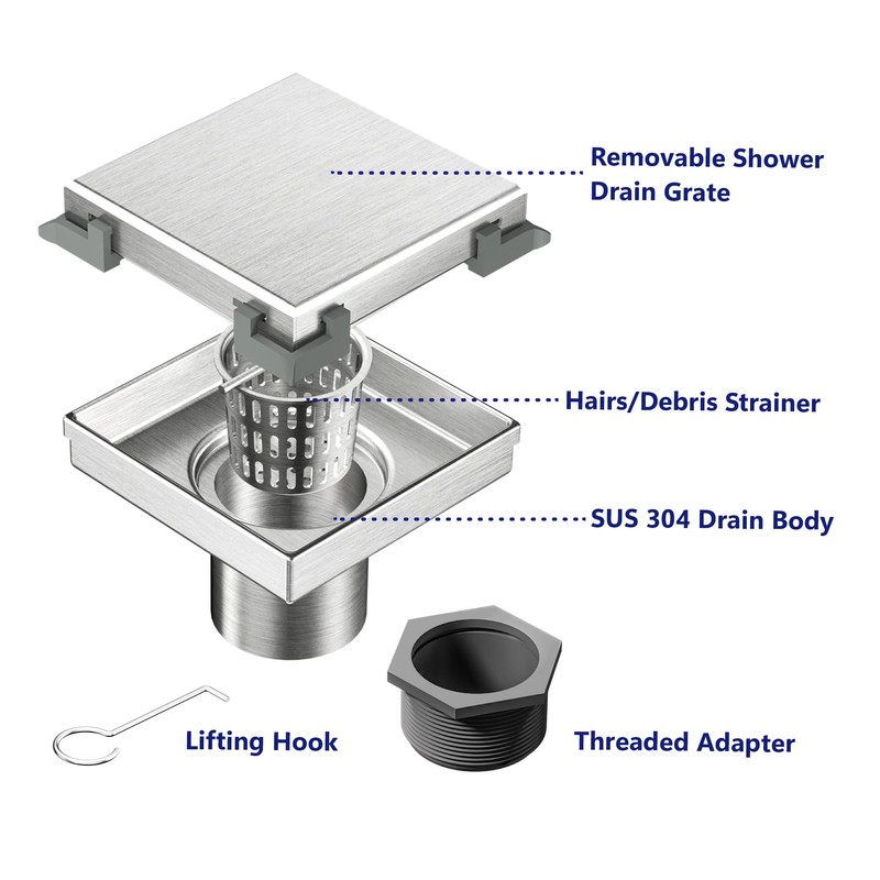 Neodrain 4-Inch Square Shower Drain with Removable Tile Insert Grate,Brushed