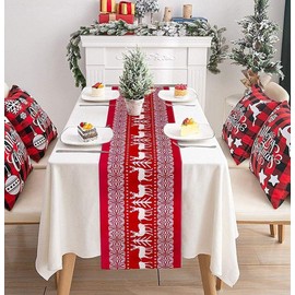 Zemolo Christmas Table Runner, 28 * 270CM Christmas Table Cloth Cotton Linen Christmas Washable Tablecloth Tree Deer Table Runner for Christmas Holiday Dinner Party Table Decoration