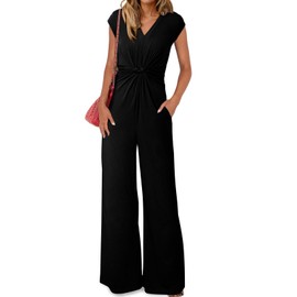 Happy Sailed Jumpsuits for Women Formal V Neck Short Sleeve Long Romper Crisscros Twist Runched Waist Wide Leg Long Pants Outfits Black X-Large