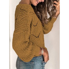 Dokotoo Womans Ladies Soft Warm Crewneck Solid Hollow Out Crochet Chunky Autumn Winter Fall Summer Cozy Long Sleeve Cable Knit Pullovers Sweaters for Women Trendy Clothes Khaki Medium