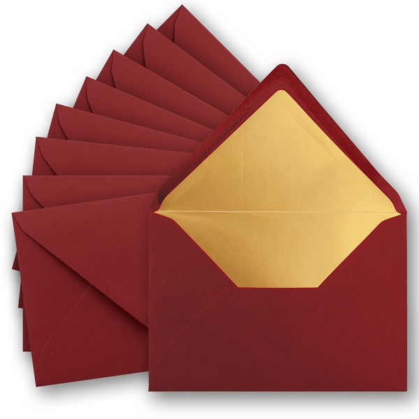 25 x metallic gold lined envelopes DIN C5, dark red,