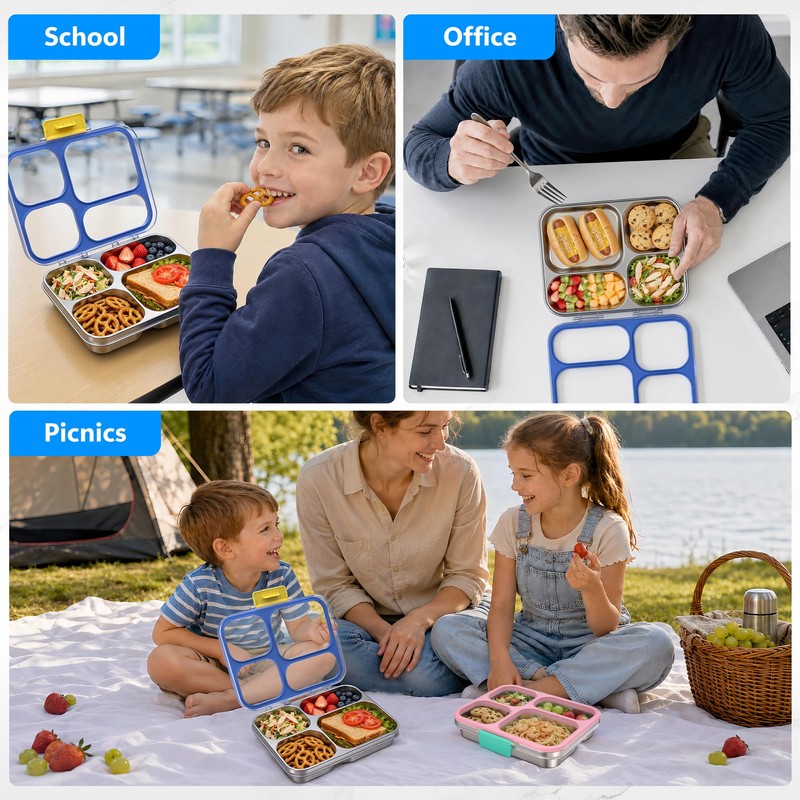 HOMEKOL Stainless Steel Bento Lunch Box: 4-Compartment Leak-Proof Lunch Container