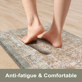 KIMODE Kitchen Mats for Floor 2 PCS, 17"x47"+17"x29" Boho Vintage Kitchen Rugs Non-Slip,Cushioned Anti Fatigue Mats for Kitchen Floor,Waterproof Kitchen Floor Mats, Sink, Laundry, Office, Desk Tan