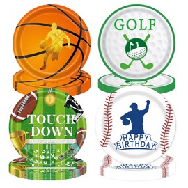 EVYIENEN 48Pcs Sports Birthday Paper Plates,7inch Disposable Sports Football Basketball Golf Baseball Paper Plates in 4 Designs for Kids Birthday Party Favors Decorations