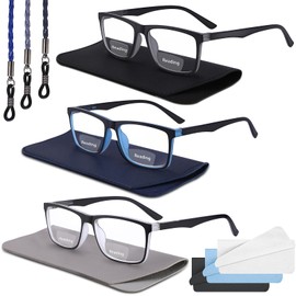 GGSTDDUP 3 Pairs Bifocal Reading Glasses for Men Rectangular Lightweight Dual Focus Near Far with Cases Chains Cleaning Cloths,2.0 x