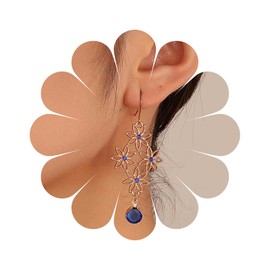 Yheakne Hollow Flower Earrings Gold Lace Filigree Earrings Sapphire Bead Dangle Earrings Ethnic Long Flower Cz Chandelier Earrings Jewelry for Women and Girls