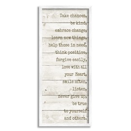 Stupell Industries Take Chances Family Home Inspirational Word Textured Wood, Design by Anna Quach White Framed Wall Art, 10 x 24, Brown