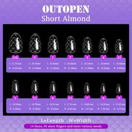 outopen 3D Fish Scales Short Almond Nail Tips 140Pcs 14 Sizes X Short Almond Shape Clear Acrylic Fake Nails Full Cover False Nails Tips Press On Nails for Nail Extension Salon Manicure Home DIY