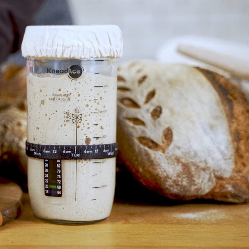 KNEADACE Sourdough Starter Jar With Date Marked Feeding Band, Thermometer,