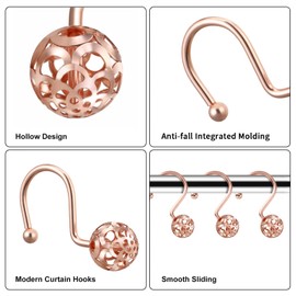 Gracelife 12Pcs Hollow Ball Shower Curtain Hooks Luxury Quality Rustproof Stainless Steel Shower Curtain Rings Hooks for Bathroom Rod (Rose Gold)